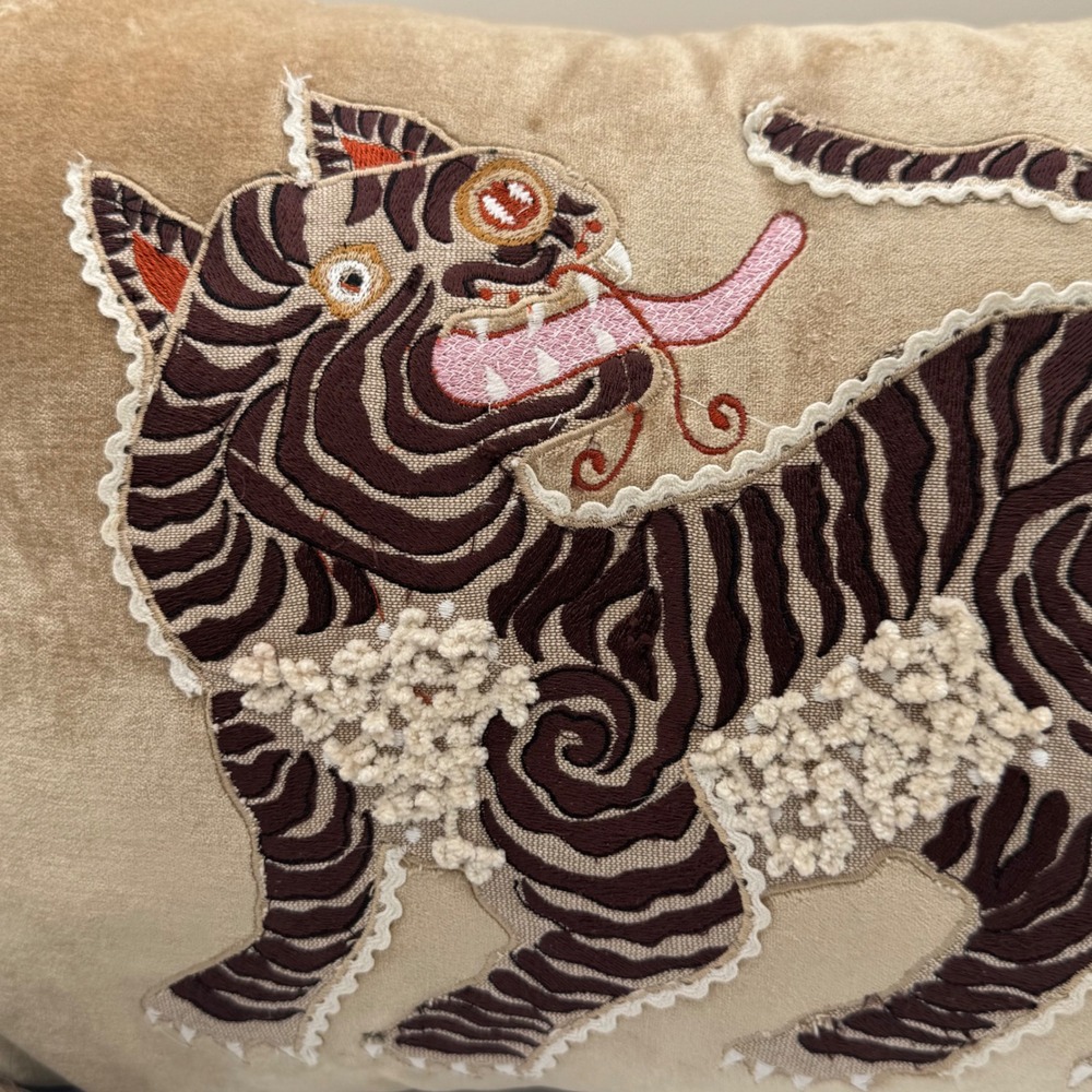 Anthropologie Tibetan Tiger Embroidered Tassel Lumbar Throw Pillow Tan Velvet - Picture 2 of 7